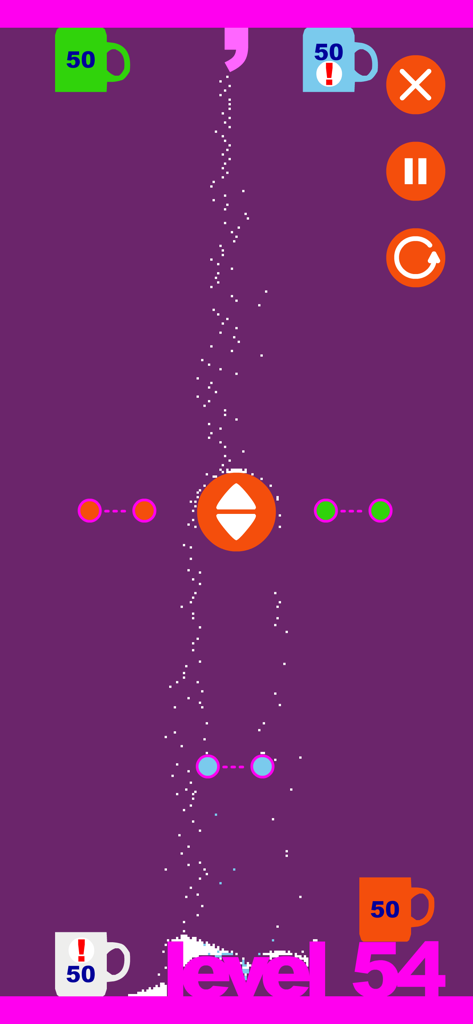sugar, sugar - Sugar particles trickling down towards colored cups in a minimalist physics puzzle level