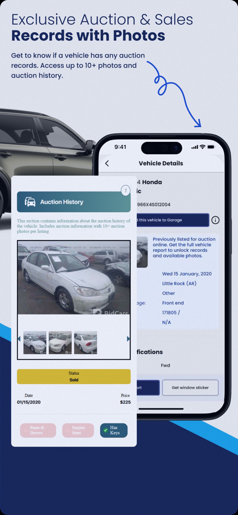 Tela de aplicativo móvel mostrando registros de histórico de leilão de veículos e fotos de vendas anteriores para verificação de carros usados