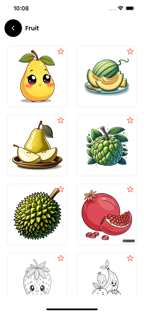 AR Drawing - Trace to Sketches - A grid of various fruit illustrations including cute characters and realistic sketches for tracing in the AR Drawing app.