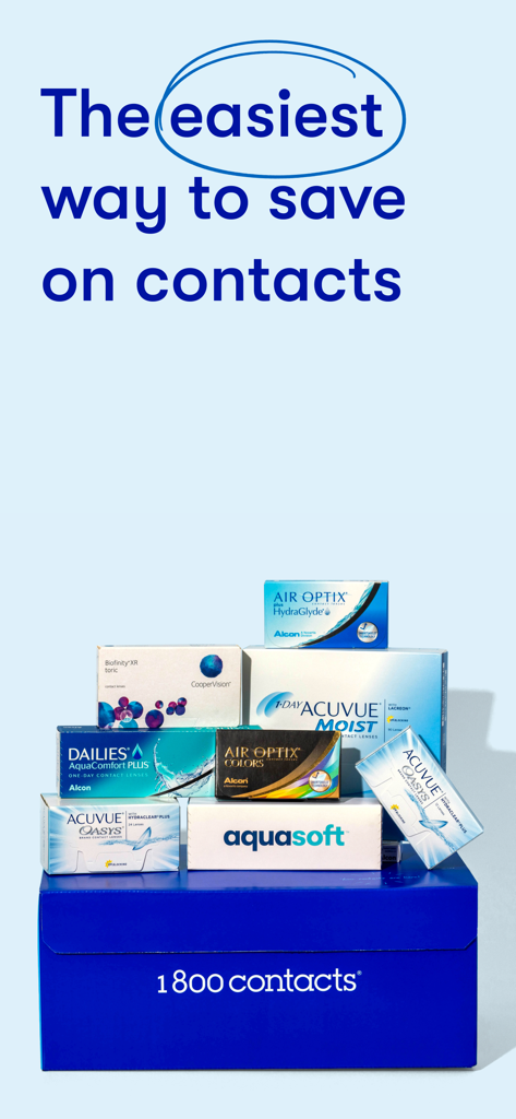 1-800 Contacts - A variety of popular contact lens brand boxes stacked on a blue 1-800 Contacts shipping box with promotional text.