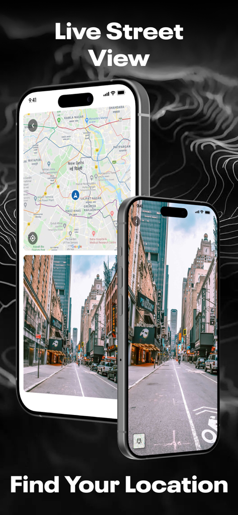 Interface de l'application Earth3D montrant la vue de la rue en direct et les cartes locales sur les appareils mobiles