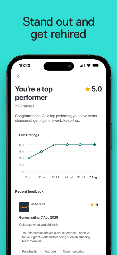 Una pantalla de smartphone de la aplicación Job and Talent que muestra una calificación de desempeño del trabajador de cinco estrellas y comentarios positivos del empleador.