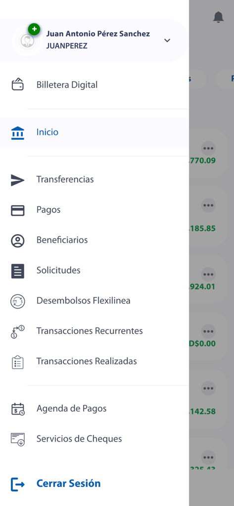 App BSC - Navigation menu of the App BSC mobile banking application showing various account management and transaction options in Spanish.