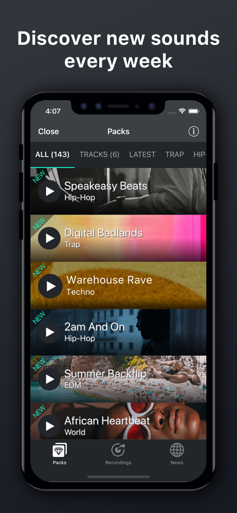 A mobile interface displaying a library of various music sound packs like Hip-Hop and Trap in the Beat Snap 2 app.