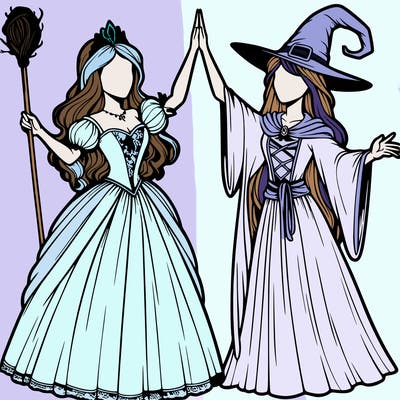 detailed realistic split of a princess and a witch