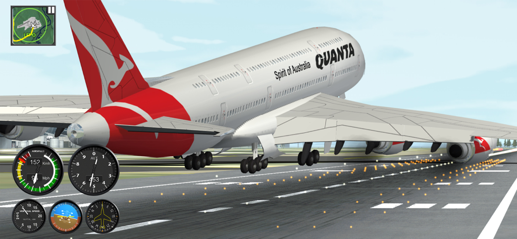 Flight Simulator FlyWings 2015 - Un gran avión comercial estrellándose en una pista con chispas visibles e instrumentos de vuelo en un juego de simulación.