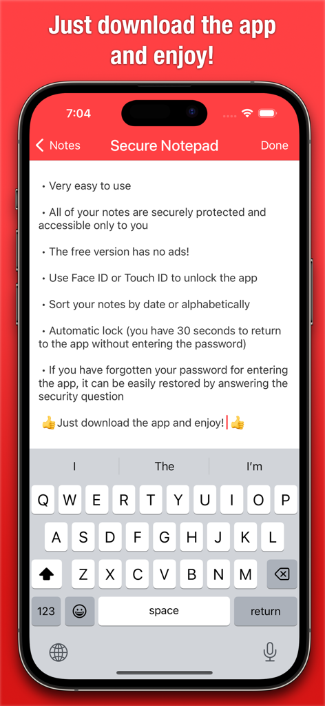 Interface do aplicativo Secure Notepad no iPhone listando recursos de privacidade e opções de login biométrico.