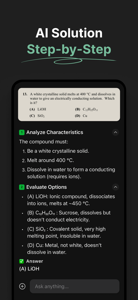 Chem AI: Chemistry Solver - Mobile app interface of Chem AI showing a step-by-step analysis and solution for a chemistry multiple-choice question.