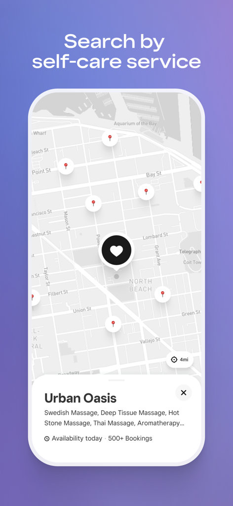 Square Go - Interface de carte de l'application Square Go montrant des emplacements de services de soins personnels locaux et le profil d'un commerce pour Urban Oasis massage