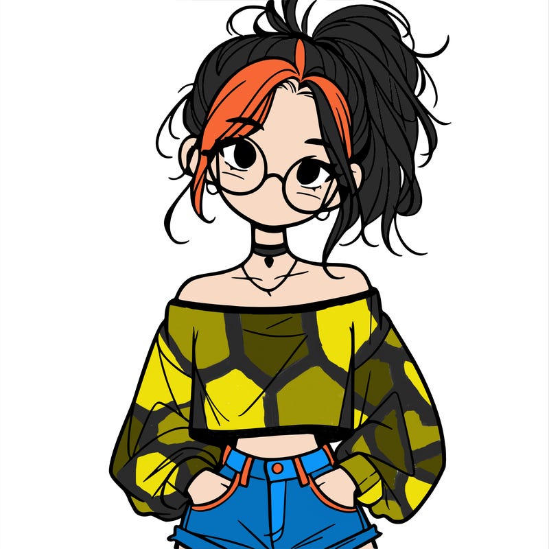 girl with a messy ponytail glasses a baggy crop top and jean shorts