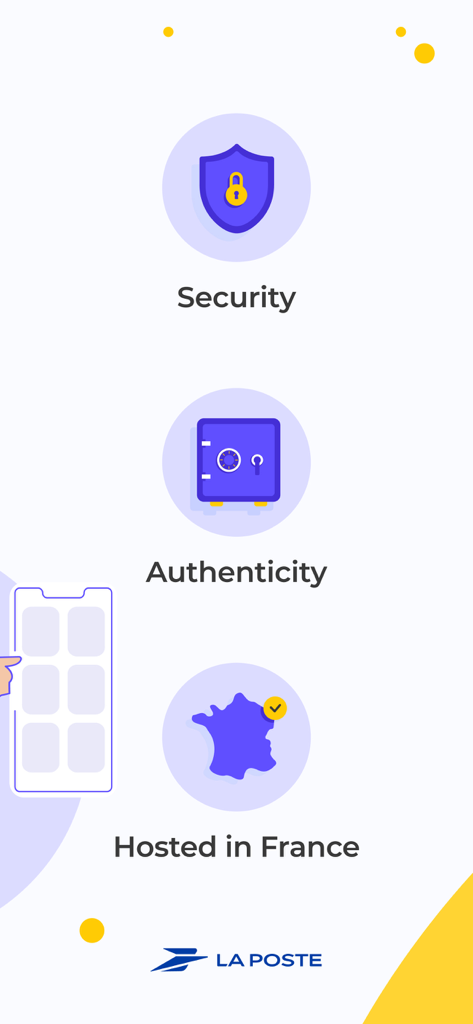 Digiposte app screenshot showing security icons for authenticity and data hosting in France