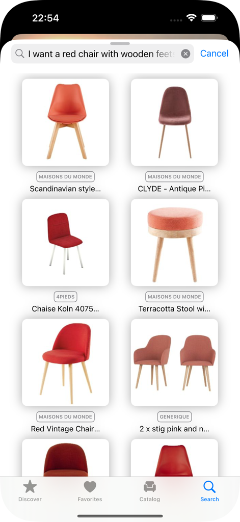 HomeByMe Reality – Deco 3D - Interface of HomeByMe Reality app showing natural language search results for a red chair with wooden feet