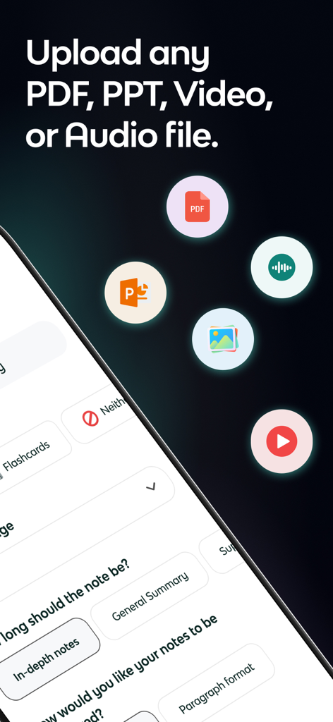 AI 학습 노트를 만들기 위해 PDF PPT 및 비디오 파일을 업로드하는 Knowt 앱 화면