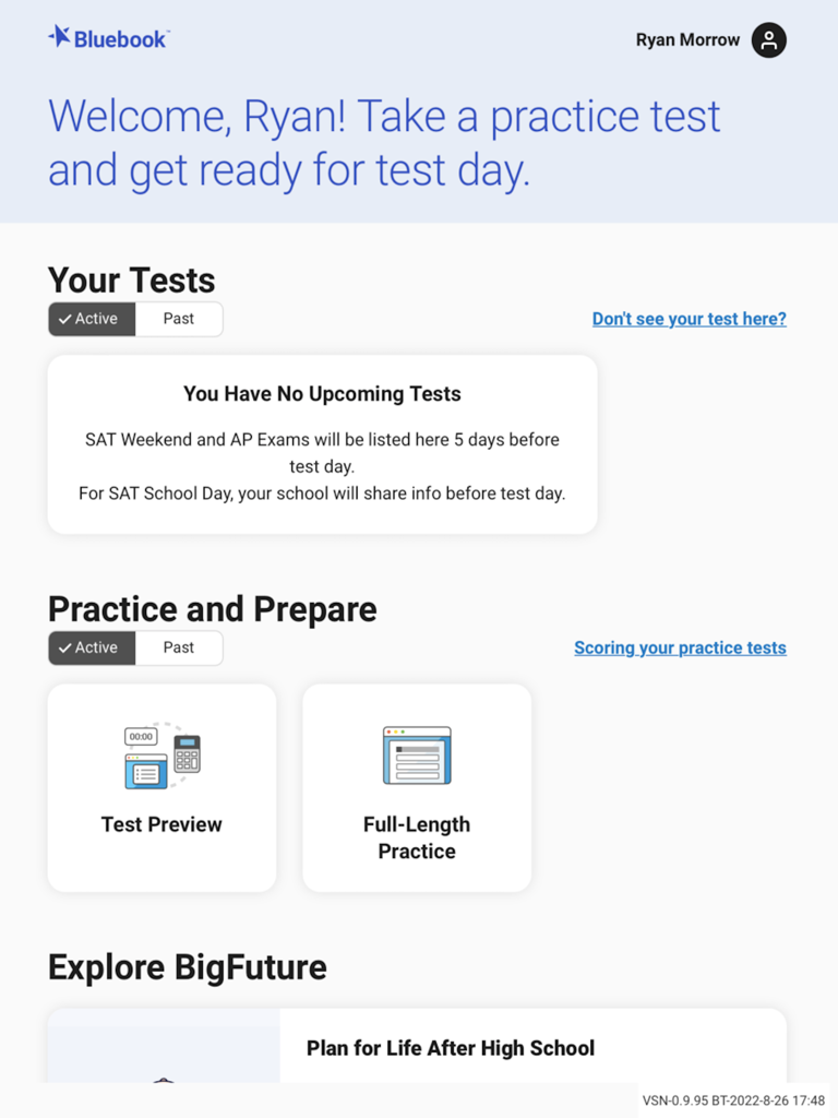 Home screen of Bluebook Exams app showing practice and test preparation options