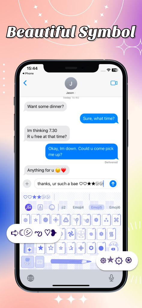Font Keyboard - Cool Font - Custom keyboard interface showing a variety of unique symbols and emojis used in a mobile chat conversation.
