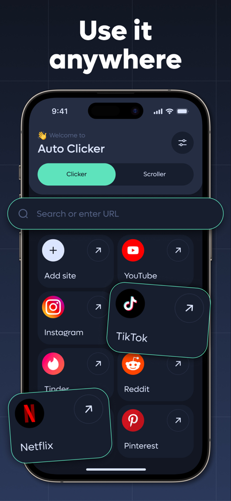 My Auto Clicker, Automatic Tap - Interface de l'application My Auto Clicker présentant les modes clic et défilement avec des raccourcis vers TikTok et Netflix