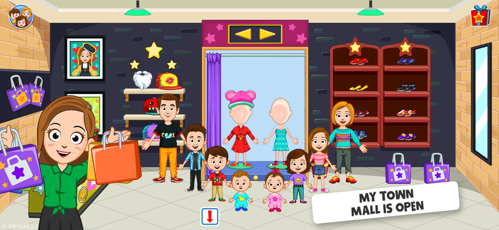 My Town : Shopping Mall - A group of cartoon characters shopping for clothes and shoes in a My Town Shopping Mall store