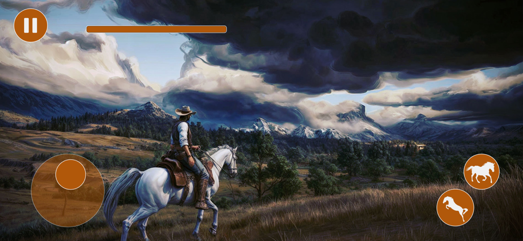 Cowboy Horse Racing Games Sim - A cowboy riding a white horse through a scenic Wild West mountain landscape in a horse racing simulation game