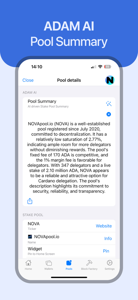 ADAM Cardano app interface showing an AI-generated summary for a stake pool with performance metrics.