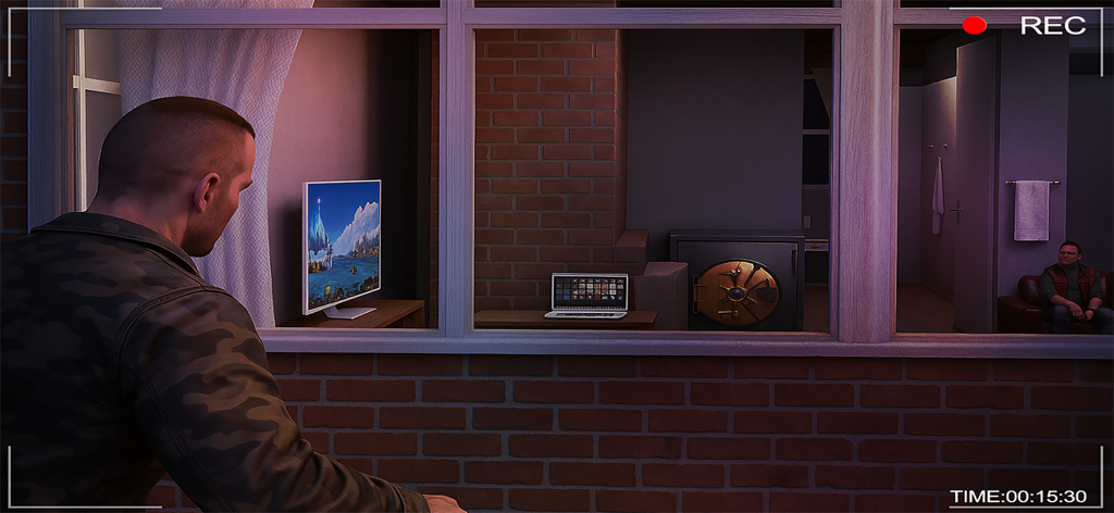 Sneak Robbery: Thief Simulator - Ladrão de camuflagem observando uma casa com um cofre e eletrônicos visíveis através de uma janela