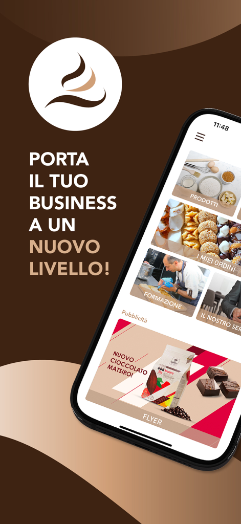 Saima: ordini clienti - Mobile phone showing the Saima app dashboard for bakery orders and professional training