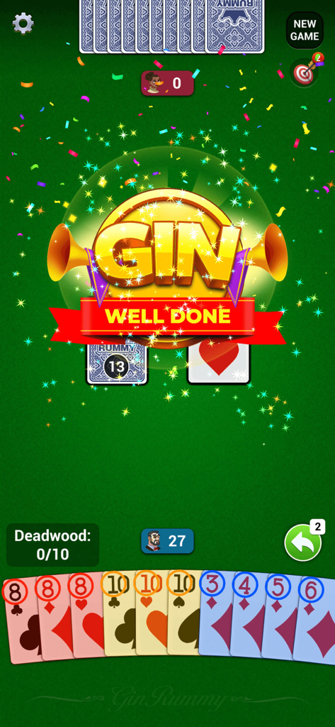 Pantalla de celebración de victoria del juego Gin Rummy Classic Card, mostrando una mano ganadora con confeti y un mensaje de Bien Hecho