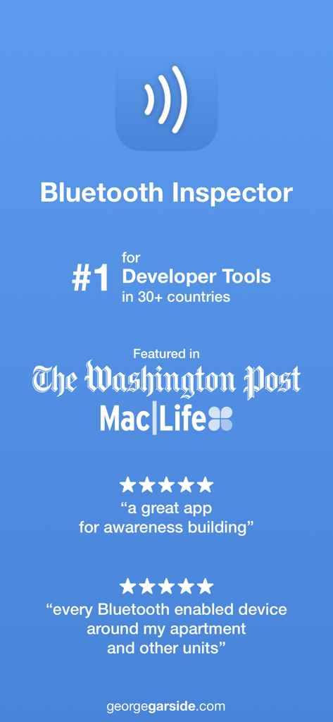 Bluetooth Inspector - A summary of Bluetooth Inspector achievements featuring its top ranking in developer tools and user testimonials.