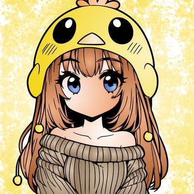 anime girl with chick shaped hat with sweater with bare shoulders with bangs covering them one eye with low tail