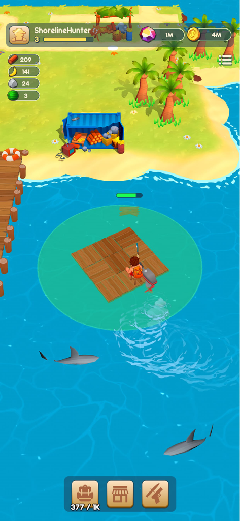 Raft® Survival Adventure Quest - Un personaje en una balsa de madera rodeado de tiburones cerca de la playa de una isla tropical en Raft Survival Adventure Quest
