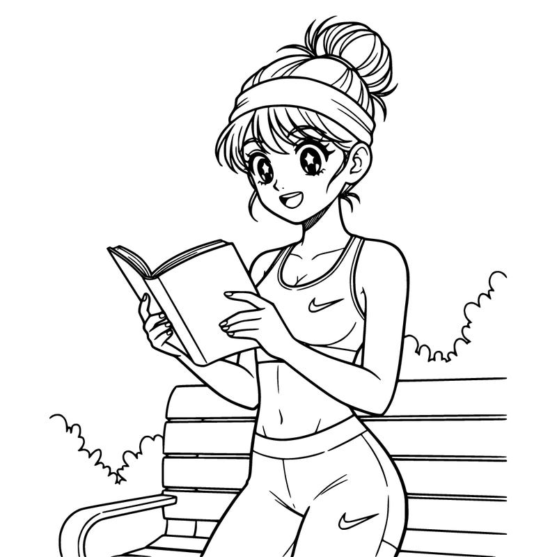 draw a girl reading a book with her hair in a bun and a headband; for her outfit, dress her in a nike sports bra and nike leggings.