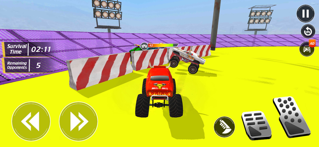 Monster Truck Stunt Games - Monster truck rouge dans une arène de cascades avec des commandes de jeu mobiles et une interface utilisateur de mode survie