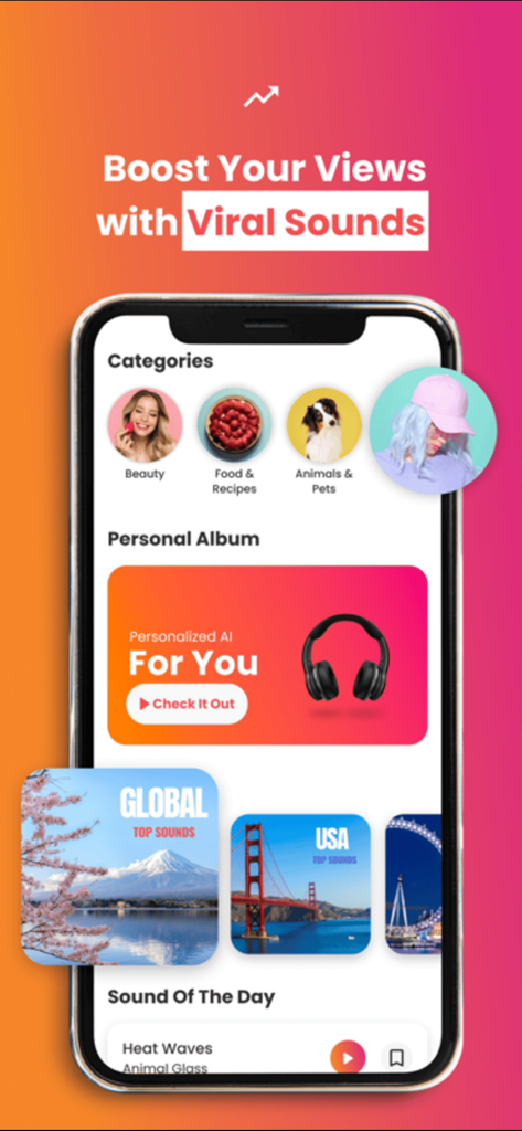 Capture d'écran de l'application ReelTrends montrant les catégories et les recommandations de sons IA personnalisées pour augmenter les vues sur les réseaux sociaux.