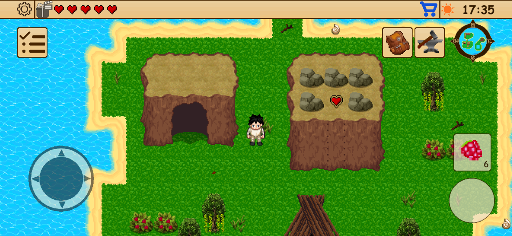 Survival RPG 1: Lost Treasure - Jogabilidade de RPG de sobrevivência retrô em pixel art mostrando exploração de ilhas e coleta