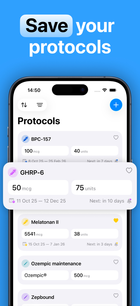 Mobile app interface of Peptide Calculator PRO showing a list of saved peptide protocols with dosage and schedule information