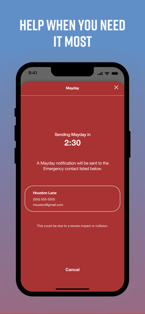 Drive Smarter app interface showing an automated Mayday notification screen with a countdown timer to alert emergency contacts after a collision.