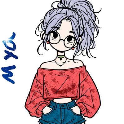 girl with a messy ponytail glasses a baggy crop top and jean shorts