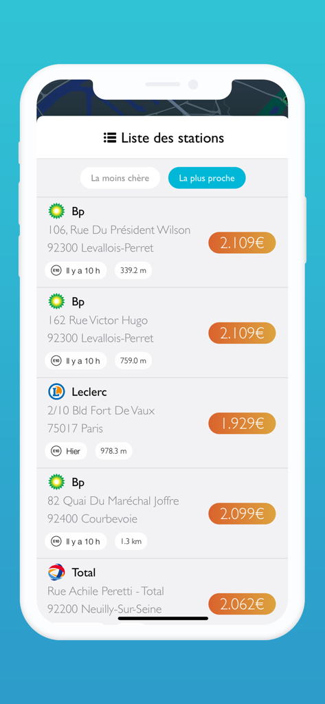 Prix Carburant - France - Liste des stations-service et des prix du carburant à proximité dans l'application mobile Prix Carburant France