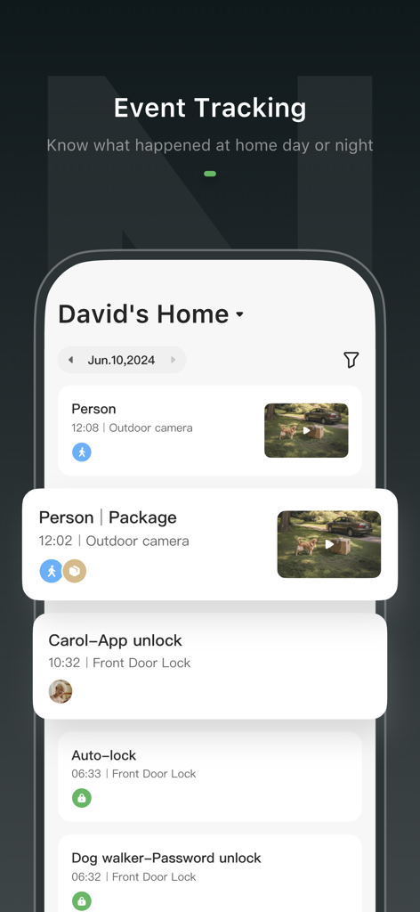 Anona Security - Anona Security event tracking screen showing camera motion alerts and smart lock activity history