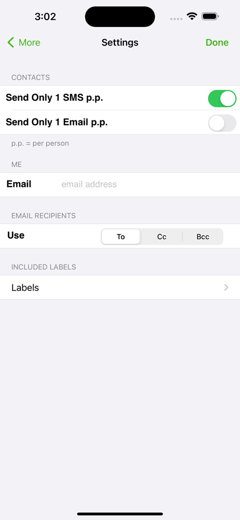 Settings menu of the Group SMS app showing message delivery options and email recipient configurations