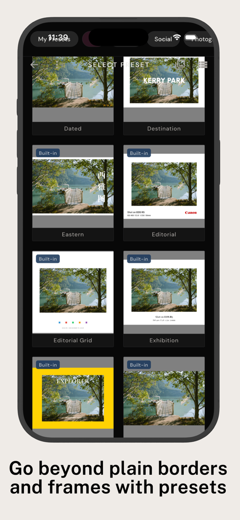 BatchPad: Photo Border in Bulk - A mobile interface displaying a selection of professional photo border and EXIF data presets in the BatchPad app