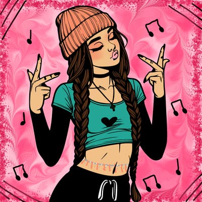 realistic teenage girl with braids and a beanie and crop top doing 🫶🏼