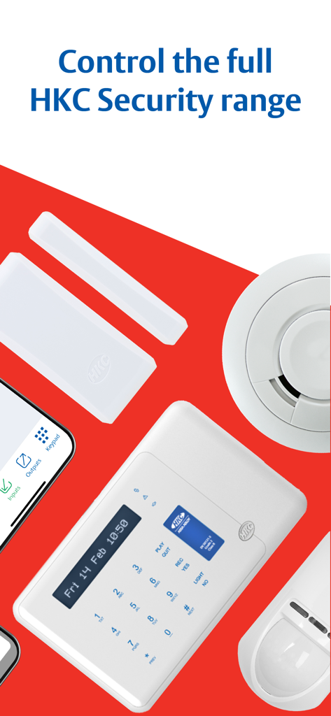 HKC SecureComm 2 - A collection of HKC security devices including a control keypad, smoke detector, and motion sensor