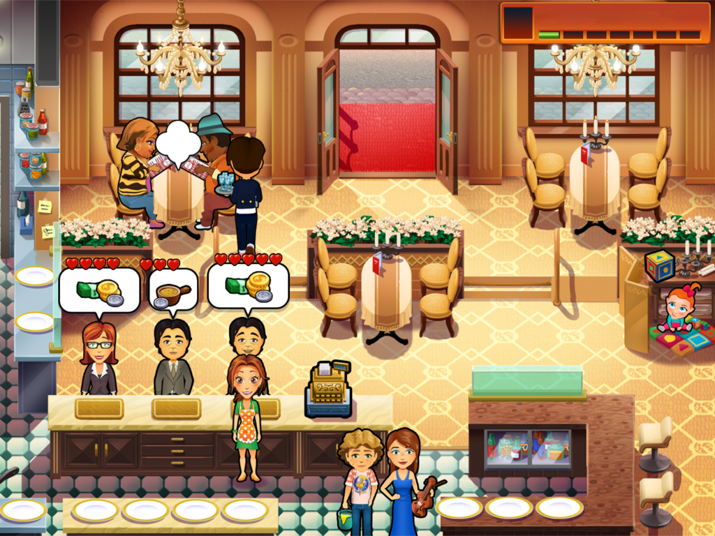 Emily sirviendo a clientes en un restaurante mientras un bebé juega en un rincón designado