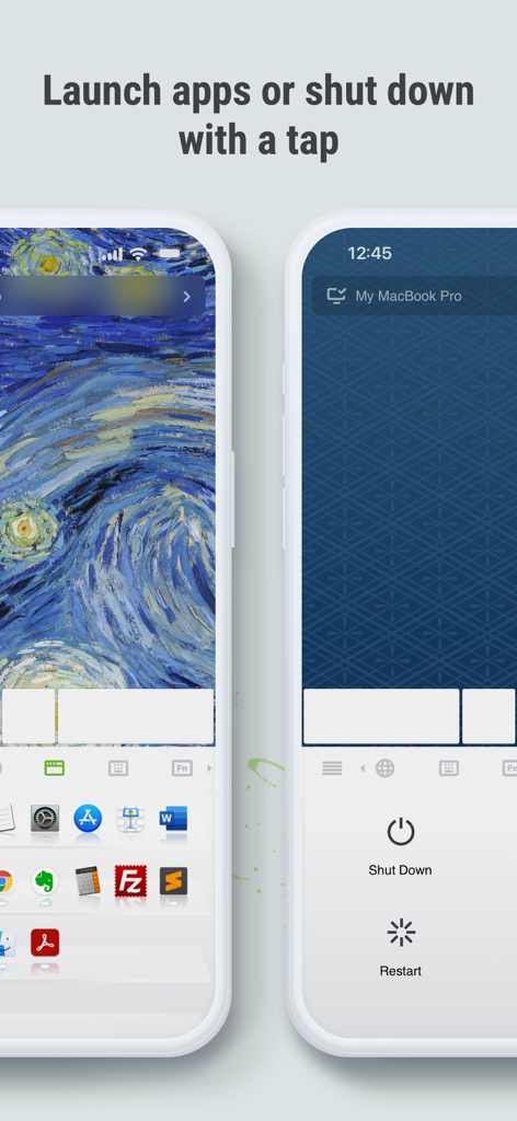 Remote Mouse mobile interface showing options to launch computer applications and remotely shut down or restart a computer.