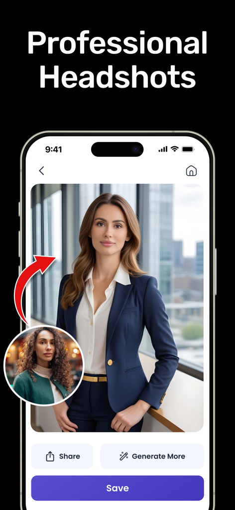 AI Art & Image Generator - ビジネスプロファイル用にAIが生成したプロフェッショナルなヘッドショットを表示するモバイルアプリのインターフェース