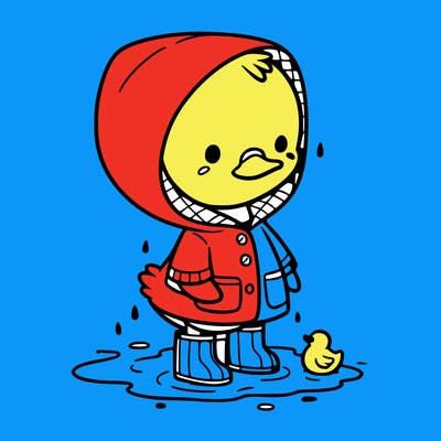 baby duck in a rain coat and boots, in a puddle while it’s raining