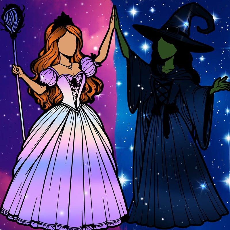 detailed realistic split of a princess and a witch
