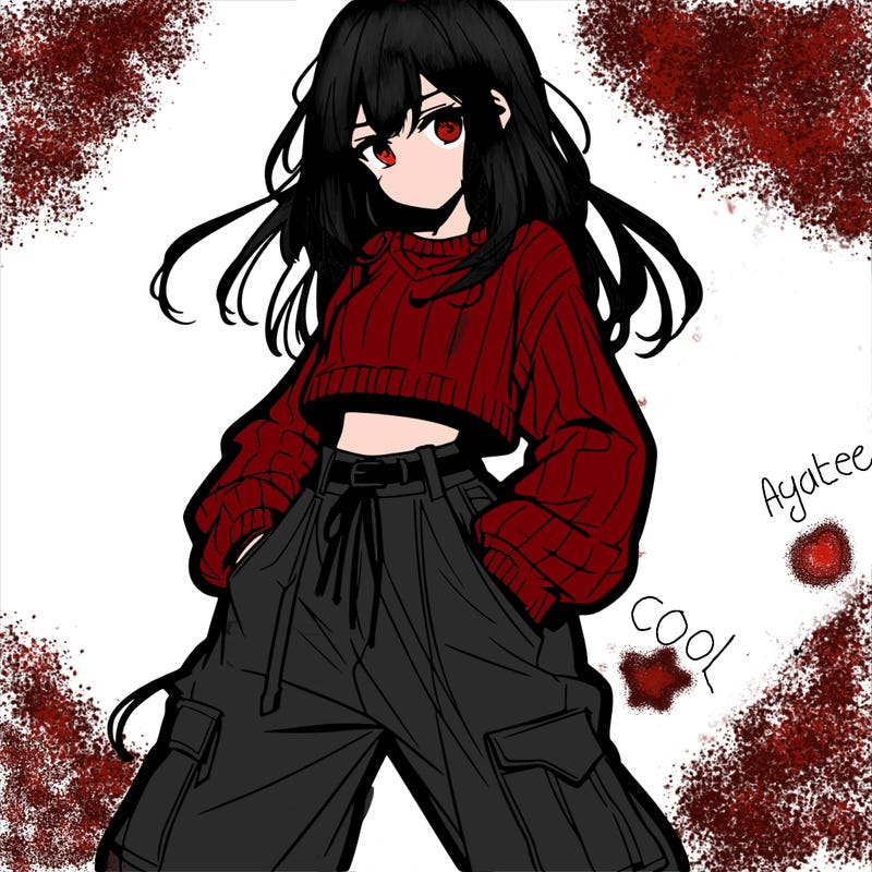 anime teen girl with baggy pants and crop top with sweater