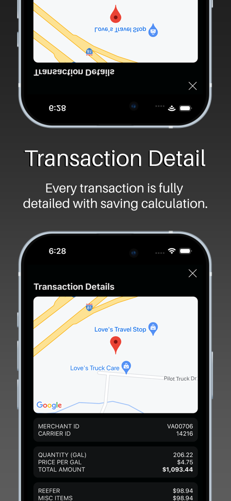 Pro Fuel Card - Pro Fuel Card app screenshot showing detailed fuel transaction history with map location and price breakdown