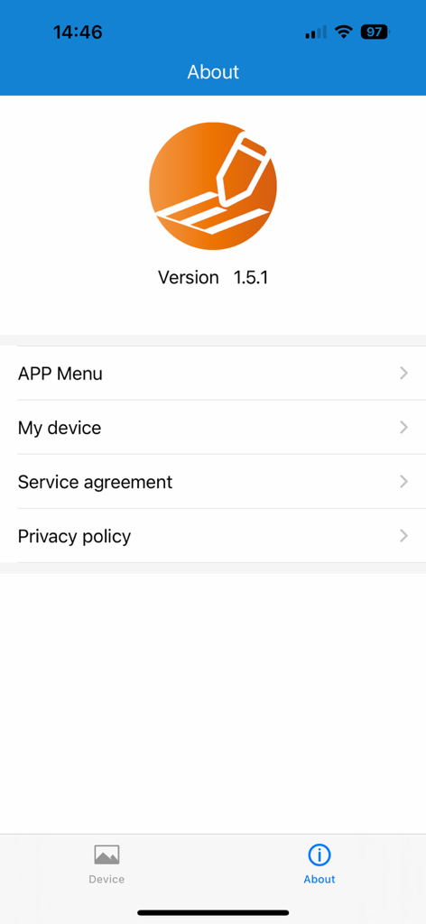 La pantalla Acerca de de la aplicación eDraw que muestra el número de versión y las opciones del menú para la conexión del dispositivo y las políticas legales.